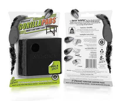 Slipstick GorillaPads Non Slip Furniture Pads/Gripper Feet Floor Protectors (Set of 8) Premium 3 Inch Square Self Adhesive Rubber Stoppers for Furniture Legs, Black, CB155-8 - size: 3" Square x 8