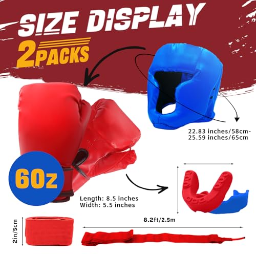 14 Pcs Boxing Set Boxing Equipment Set for Beginners Including 2 Pair of 6 oz Boxing Gloves Headgear Helmet Hand Wraps Mouth Guards Gifts Training Equipment - color: Red & Blue