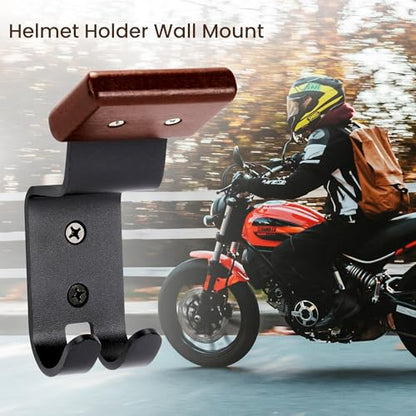 Motorcycle Helmet Holder Wall Mount - Solid Wood & Steel 1 Pack | Gear Organizer Rack with 2 Hooks, Heavy Duty Display Hanger for Helmets, Football Gear, Ski Equipment, Hats, Jackets