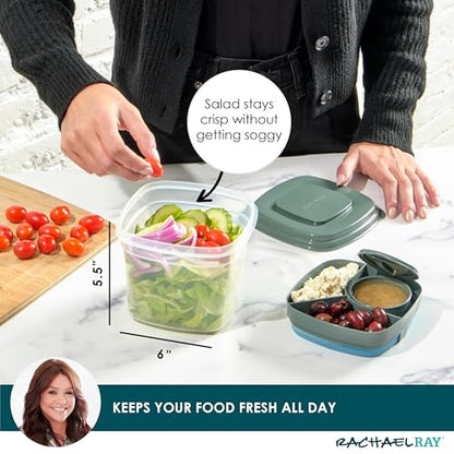 Rachael Ray Salad Container For Lunch, Salad Lunch Container For Adults, Salad Bowl Kit With Compartments For Salad Dressing & Toppings, Includes Ice Pack - color: Deluxe Salad Set, Green