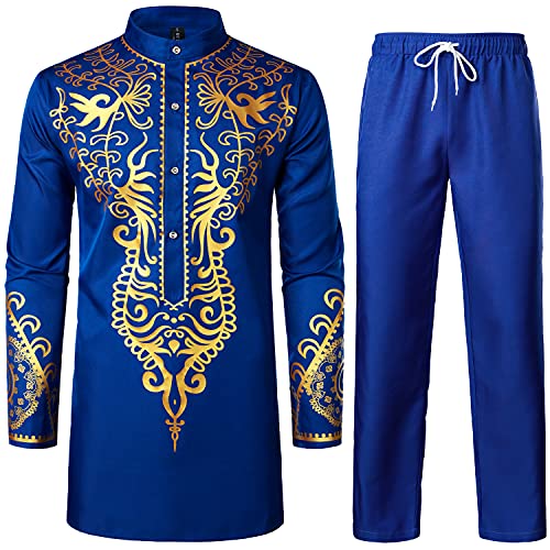 LucMatton Men's African Attire 2 Piece Set Shirt and Pants - color: Royal Blue Gold, size: XX-Large