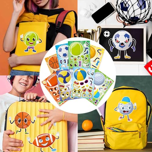 Sport Ball Stickers, Rugby Stickers for Teens/Kids, Make a Face Stickers | 24 PCS Make Your Own Mix and Match Sticker Sheets, Basketball, Baseball, Football, Volleyball, Soccer, Goodie Bags Stuffers - style: Sport Ball Sticker