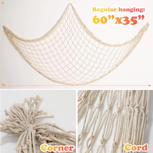 Fish Net Decorations for Party, 2mm Natural Cotton Hawaiian Party Fish Net Decorative, Nautical Themed Cotton Fishnet Room Under The Sea Ocean Beach Party Decor (3)