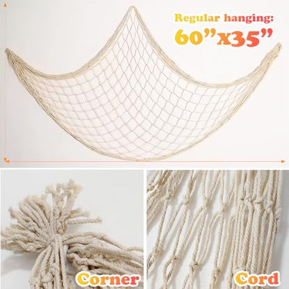 Fish Net Decorations for Party, 2mm Natural Cotton Hawaiian Party Fish Net Decorative, Nautical Themed Cotton Fishnet Room Under The Sea Ocean Beach Party Decor (3)