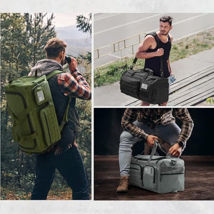 G4Free 3-in-1 Duffle Bag Travel Gym Sports, Large Tactical Duffel Backpack | 50L/65L with Shoes Compartment and Wet Pocket, Military Workout Bag for Men and Women, Green - color: Green