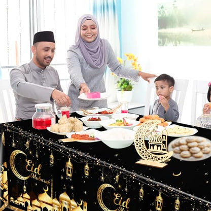 PHOGARY Eid Decorations 2 Pcs Eid Mubarak Tablecloth, Ramadan Mubarak Tablecloth Disposable Rectangle Plastic Ramadan Kareem Table Covers for Eid Al-fitr Party Ramadan Decorations 54" X108", Black