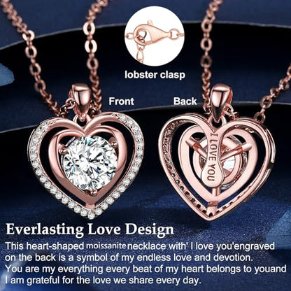 Heart Pendant Gold Necklace for Women Moissanite Lab-Created Gem I Love You Wedding Anniversary Birthday Christmas Valentine Engagements Mothers Day Jewelry for Wife Her Girlfriend Mom Daughter - color: 1CT-Rose Gold