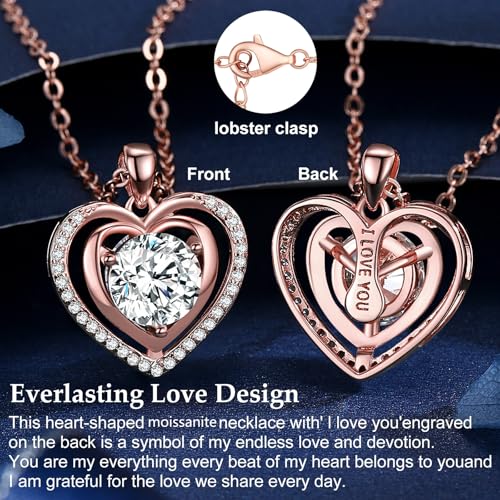 Heart Pendant Gold Necklace for Women Moissanite Lab-Created Gem I Love You Wedding Anniversary Birthday Christmas Valentine Engagements Mothers Day Jewelry for Wife Her Girlfriend Mom Daughter - color: 2CT-Rose Gold