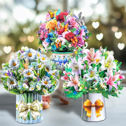 3D Pop Up Flower Bouquet Cards with 3 Envelopes & Blank Notecards, Featuring Multicolor Roses & Butterflies, White Daisies & Lavender, Pink & White Lilies for Birthday, Mother's Day, Get Well, Anniversary,All Occasions - style: ‎Roses Lilies Daisies