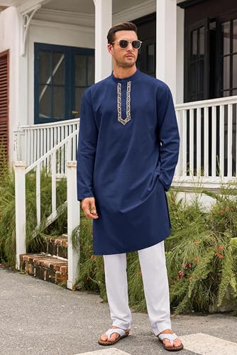 Runcati Mens Kaftan Thobe Button Down Casual Henley Shirts Long Sleeve Robe Cotton Linen Muslim Gown Shirt - color: Navy, size: Medium