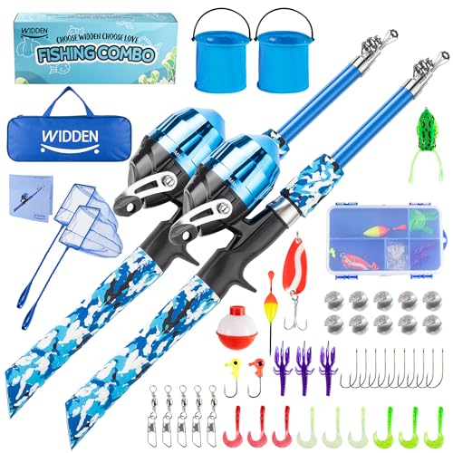 WIDDEN Kids Fishing Pole, Portable Telescopic Kids Fishing Poles for Boys and Girls, Fishing Rod and Reel Combo Kit with Tackle Box, and Fishing Net, Best Fishing Pole for Toddler Youth - color: Blue+Blue