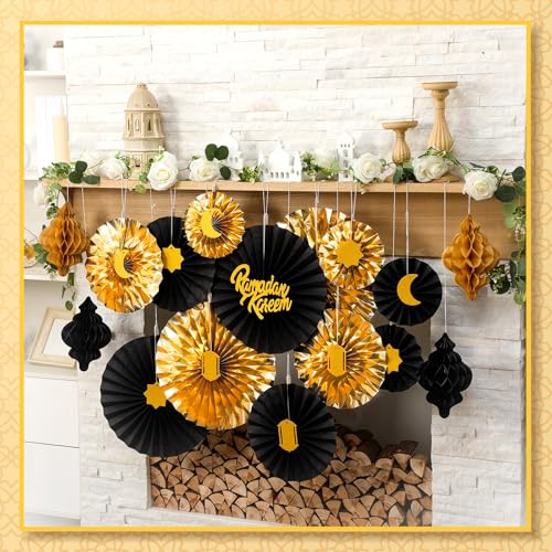 Epakh Eid al Adha 장식 29개 가정용 Eid al Adha 벽걸이 종이 랜턴 벽 천장 장식 벌집 종이 팬 장식 홈 웨딩 파티 용품 (블랙 & 골드) - color: 블랙 & 골드