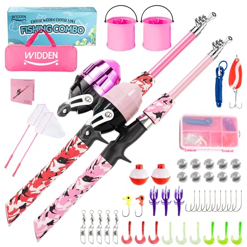 WIDDEN Kids Fishing Pole, Portable Telescopic Kids Fishing Poles for Boys and Girls, Fishing Rod and Reel Combo Kit with Tackle Box, and Fishing Net, Best Fishing Pole for Toddler Youth - color: Pink+Light Pink