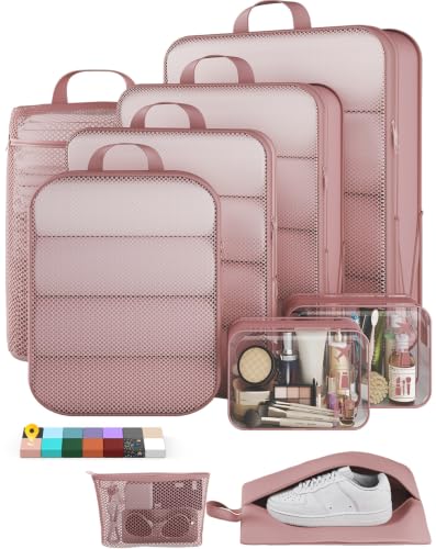 Veken 9/11 Set Compression Packing Cubes for Travel Essentials,Compressible Expandable Large Luggage Suitcase Organizer Bags for Clothing,Space Saver Bags with Over 1000 pcs of Mesh Holes(Light Coral) - color: Light Coral, size: 9 set
