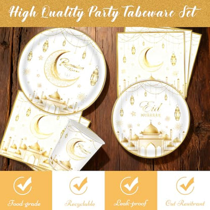 Auch Eid Mubarak Party Supplies Set – 24 Pack Tableware Set for Ramadan Eid Celebrations - Include Plates, Paper Cups, Napkins, Gold Foil Cutlery (White)