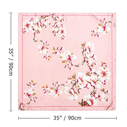 DRESHOW 35” Large Square Satin Head Scarf - 4Pcs Silk Accessories Classic Patterned Squares Beach Bandanas for Women - color: Floral Silk Scarf Set: Teal,pink,beige,burgundy