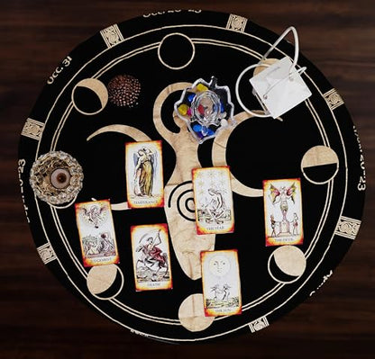 Indian Consigners Moon Phases Triple Moon Altar Cloth Celestical Tarot Deck Alter Tablecloth Sacred Place Moon Faces New Moon to Full Moon Cycle - color: Black-gold, size: 36" x 36" (Square)