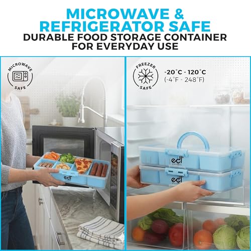 Stackable Snack Organizer Container 2 Pack, 14 Compartments Food Storage Tray with Lids & Handles for Travel & Charcuterie, BPA-Free, Dishwasher & Microwave Safe (Blue 2 Pack) - color: Blue