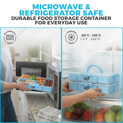 Stackable Snack Organizer Container 2 Pack, 14 Compartments Food Storage Tray with Lids & Handles for Travel & Charcuterie, BPA-Free, Dishwasher & Microwave Safe (Blue 2 Pack) - color: Blue