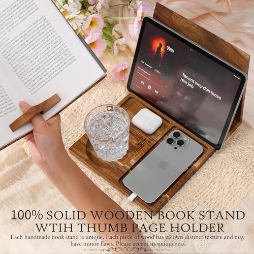 Book Holder Stand for Reading Rest, Wooden Foldable Book Rest with Book Page Holder, Cup, iPad & Phone Stand, Book Nook Reading Valet Desktop Triangle Bookstand Bookshelf for Readers Bookworms Gifts - color: Book