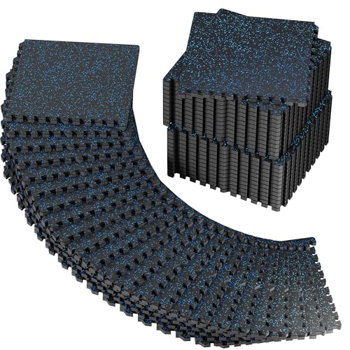 PRAISUN 0.56" Rubber Top Gym Flooring, Heavy Duty Interlocking Gym Mats for Home Gym, Non-Slip Workout Mat, 24 x 24in Large Gym Floor Mat, Protect Floors from Equipment, 192 Sq Ft, Black/Blue - size: 48 Tiles (192 Sq Ft)