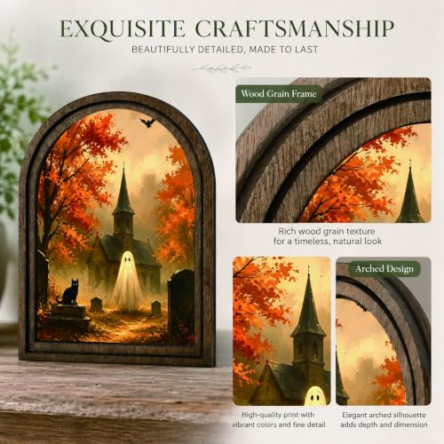 Halloween Ghost Cat Arched Table Sign, Rustic Farmhouse Decor - color: Ghost Church Graveyard