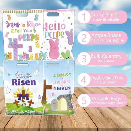 Falueqg Religious Easter Party Favor Bags - 100 Pcs He is Risen Happy Easter Goodie Candy Gift Bags Cross Rabbit First Communion Party Favors for Christian Spring Jesus Holiday Baptism Supplies - color: Easter