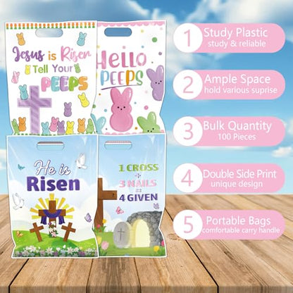 Falueqg Religious Easter Party Favor Bags - 100 Pcs He is Risen Happy Easter Goodie Candy Gift Bags Cross Rabbit First Communion Party Favors for Christian Spring Jesus Holiday Baptism Supplies - color: Easter