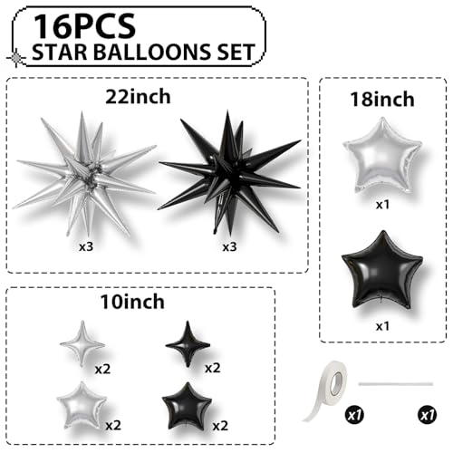Black Silver Star Balloons,16Pcs 22/18/10 Inch Foil Graduation Decorations - color: Black Silver