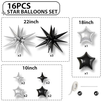 Black Silver Star Balloons,16Pcs 22/18/10 Inch Foil Graduation Decorations - color: Black Silver