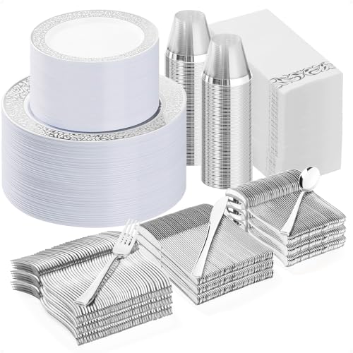 Bestluck 700 Pcs Silver Plastic Dinnerware Set for 100 Guests - color: Silver, size: 100 Guests Set