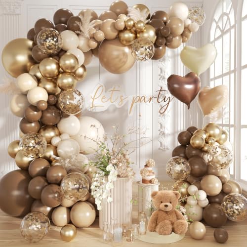 Brown Gold Balloon Garland Arch Kit, 18 12 10 5 inch Different Sizes Brown Beige Nude Metallic Confetti Gold Balloons for Birthday Party Netural Bear Baby Shower Decorations - color: Brown Gold