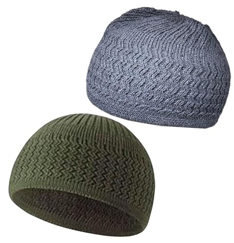 Set 2 Colors Knit Beanie Kufi Hats Muslim Stretchy Skull Caps AMN-026C Islam Cotton Breathable Crochet Hat Eid Ramadan Gift - color: Grey & Green