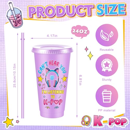 Chuangdi 12 Pcs Kpop Theme Party Supplies 24 oz Reusable Plastic Tumbler with Lid and Straw, K Pop Cups Bulk for Women Kpop Birthday Decorations Popular Singer Party Favors, Korean Music Lover Gifts - style: Kpop