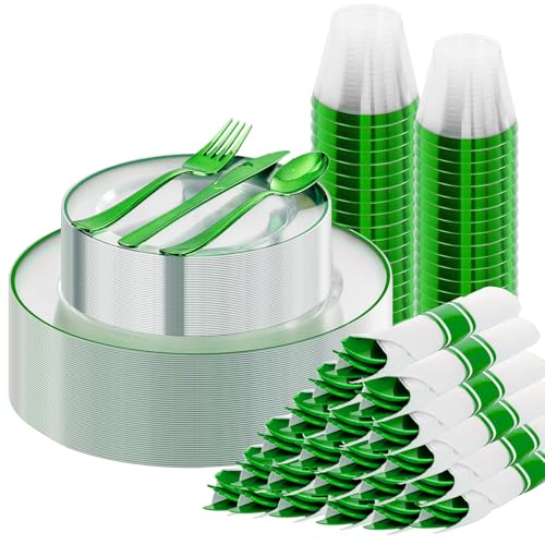SUT 175 Pcs Green and Clear Plastic Dinnerware Set for 25 Guests, Include: 25 Dinner Plates, 25 Dessert Plates, 25 Pre Rolled Napkins With Silverware, 25 Cups, Disposable Plates for Party - color: Clear Green, size: 175PCS