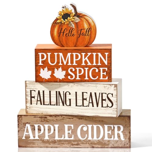 4Pcs Wooden Pumpkin Sign Decor Farmhouse Tiered Tray Decoration Rustic Wood Block Gift Autumn Home Centerpiece Decor for Hallowmas Kitchen Shelf Entryway Table Fireplace - color: Pumpkin