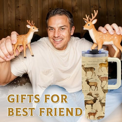 40oz Tumbler with Handle, Deer Gifts for Men Dad Boyfriend | Hunting Gifts for Men, Stainless Steel Insulated Tumblers, Anamal Lovers Gift for Birthday Christmas Fathers Day - color: Deer-Khaki
