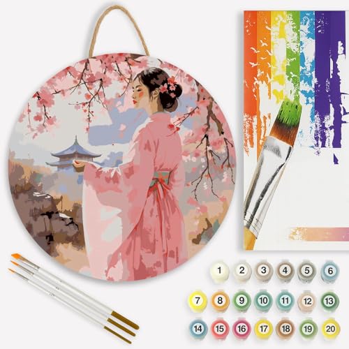 Asian Art Paint by Numbers Kit for Adults on Wood Board – DIY Woman in Kimono with Cherry Blossoms Wood Craft Painting Kit, 12 in Round, Acrylic Paint Set, Beginner-Friendly, Relaxing Home Decor Gift - color: FM04430