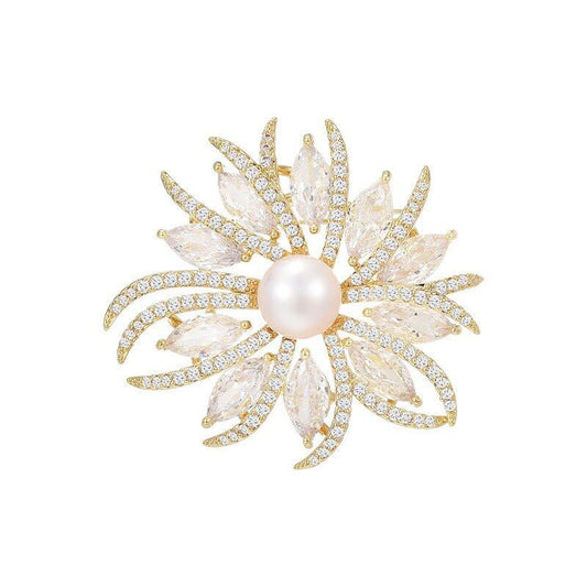 Rhinestone Flower Brooch - Crystal Flower Pin for Women - Valentine's Day & Mother's Day Gift - color: Gold Pearl Flower