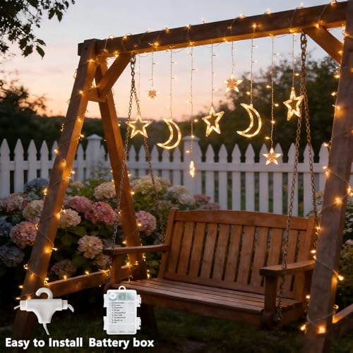 138 LED Star Moon Lights, Twinkle Christmas Curtain String Lights with 8 Modes, Battery Operated Fairy Star Moon with Hooks, Hanging Decor for Ramadan, Bedroom, Wedding, Warm White - size: 138 LED