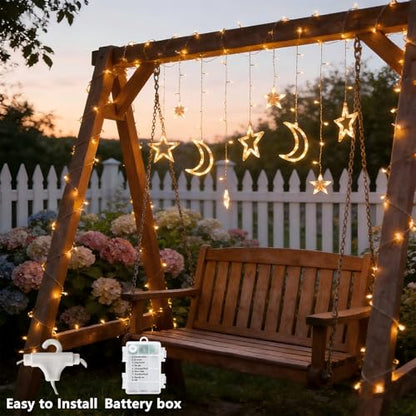 138 LED Star Moon Lights, Twinkle Christmas Curtain String Lights with 8 Modes, Battery Operated Fairy Star Moon with Hooks, Hanging Decor for Ramadan, Bedroom, Wedding, Warm White - size: 138 LED