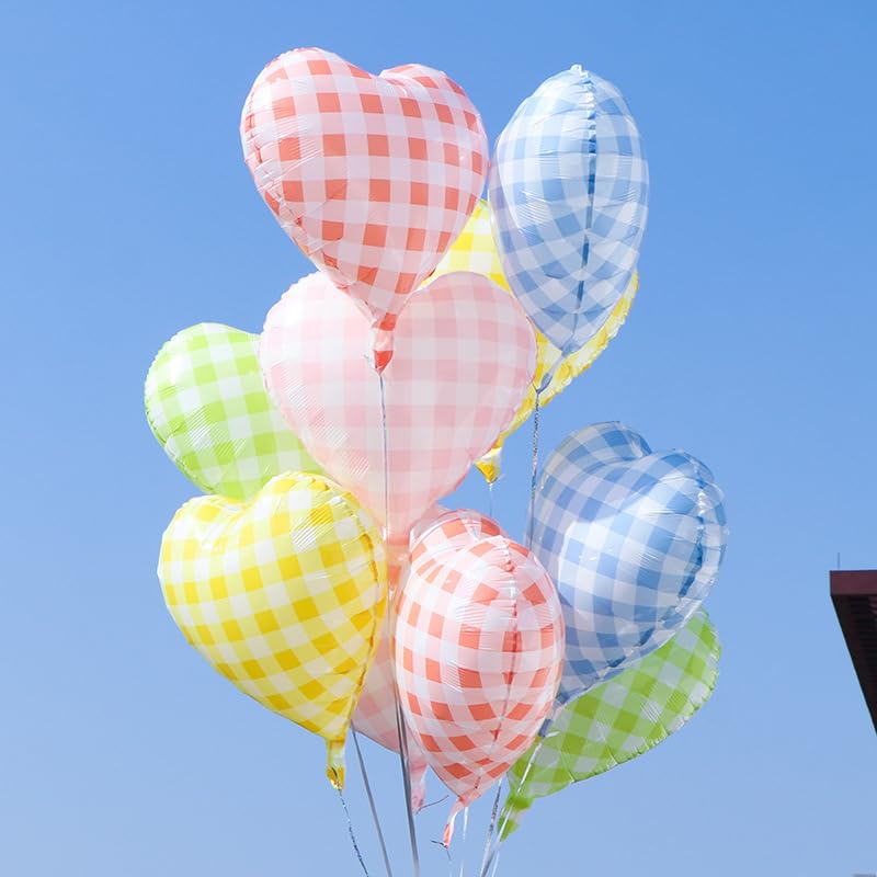 Blue Grid Heart Balloons, 10PCS Light Blue Foil for Boys Birthday Party - color: Blue Grid