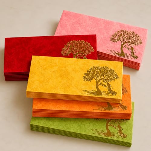 LoveNspire Money Envelopes (7 x 3 Inch) Decorative Peacock Tree Design Shagun Lifafa for Indian Wedding, Birthday | Cash Gift Holder & Home Savings Organizer Multicolor 50 - color: Peacock Tree Mix, size: Pack of 50