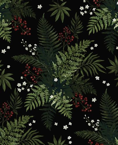 Dark Green Botanical Berries Peel and Stick Wallpaper 17.5" x 118" | Self-Adhesive, Removable Waterproof Contact Paper for Bedroom, Bathroom, Cabinets, Accent Wall, Laundry Room - color: Black/Dark Green, size: 17.5" x 118"