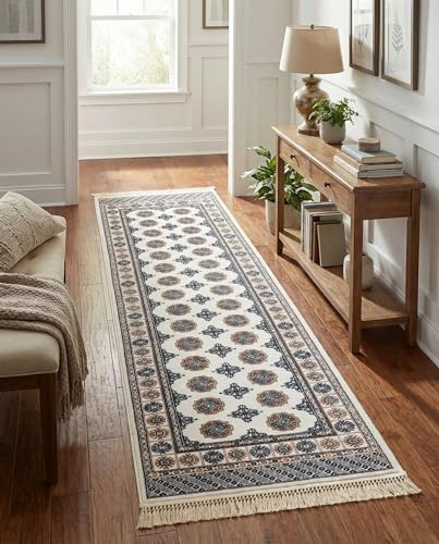 Rugs.com - Bokhara Rug – 10 Ft Runner Ivory Easy-Clean Stain-Resistant Runner Rug – Traditional Geometric Medallions for Hallways, Entryways, and Kitchens - color: Ivory, size: 2'7" x 10' (Runner)