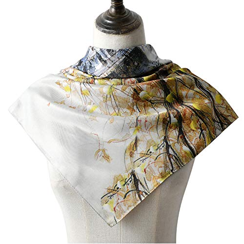 100% Mulberry Silk Scarf-Printed or Solid Color 35” Square Large Silk Hair Head Wrap Scarf With Gift Box Package - color: M1 Pattern: Autumn Street