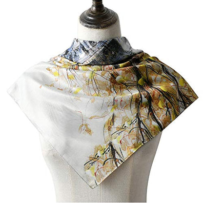 100% Mulberry Silk Scarf-Printed or Solid Color 35” Square Large Silk Hair Head Wrap Scarf With Gift Box Package - color: M1 Pattern: Autumn Street