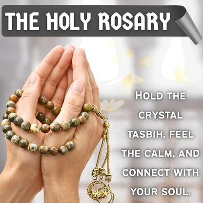 Amazing Gemstone Crystal Tasbeeh with Moon and Star Charm - Certified Crystal Muslim Prayer Beads Natural Gemstone Tasbih Gift for Ramadan Dhikr and Daily Namaz (G) - color: Brown Opal