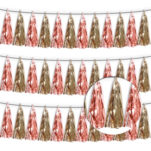 3P Rose Champagne Gold Tassel Banner Garland Metallic Foil Fringe Banner Tinsel Tassels Streamer Banner Backdrop for Parade Floats, Graduation Decorations, Wedding Party Decoration - color: Rose Gold-Champagne Gold