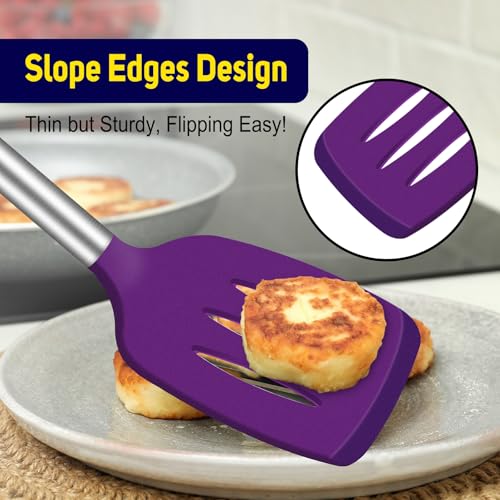 HOTEC Silicone Spatula Set of 2 Heat-Resistant 600°F & BPA-Free Kitchen SaptulaTurner with Stainless Steel Handles, Slotted & Solid Spatulas for Nonstick Cookware, 13.7 Inch, Purple - color: Purple
